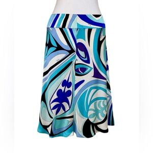 EMILIO PUCCI SILK BLUE IRIDE MYKONOS A-LINE MIDI SKIRT